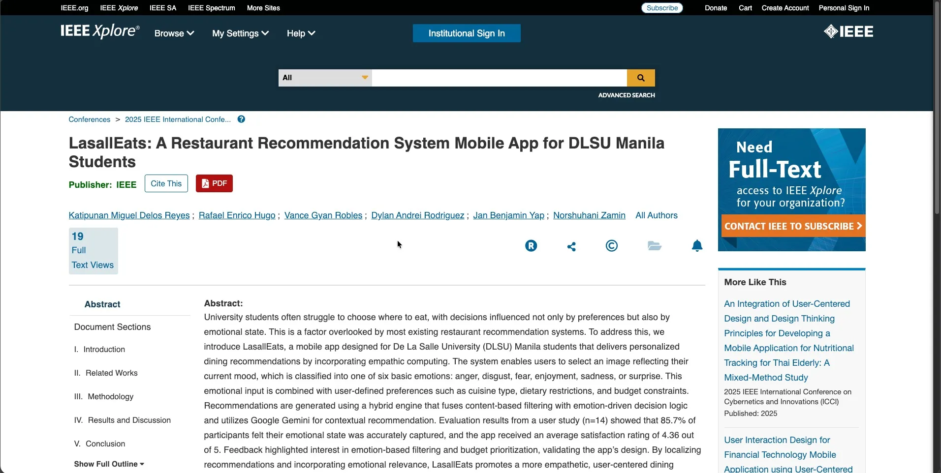 The LasallEats paper listing on IEEE Xplore, titled "LasallEats: A Restaurant Recommendation System Mobile App for DLSU Manila Students," with author list and abstract visible.